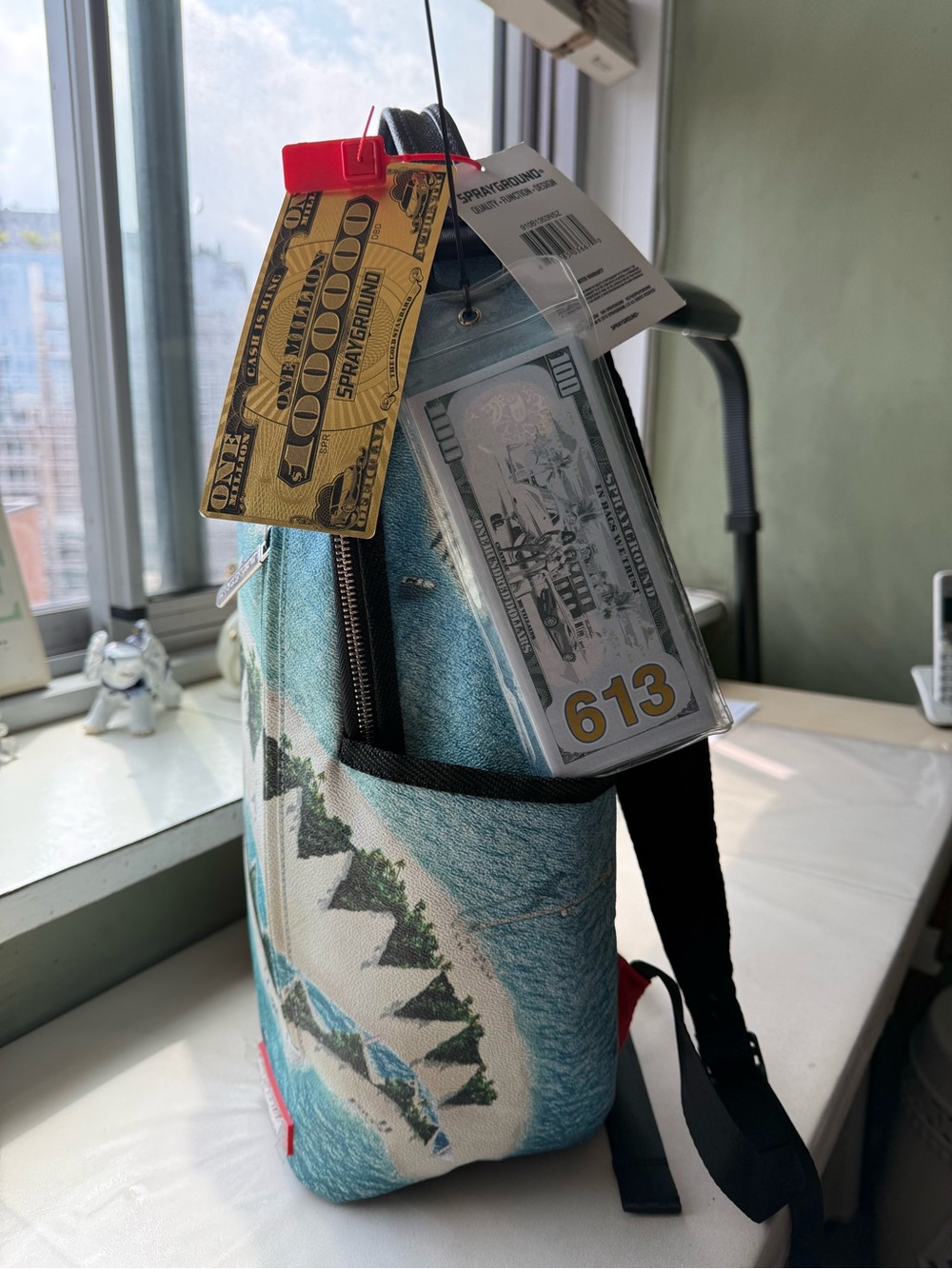 Sprayground Teal, White & Black Shark Graphic Sling Bag with Novelty Tags